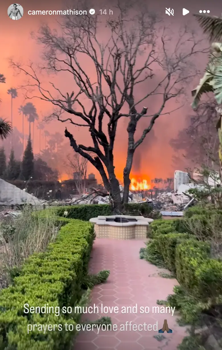 The actor shared a social media story of the devastation caused by the fire (Instagram/@cameronmathison)