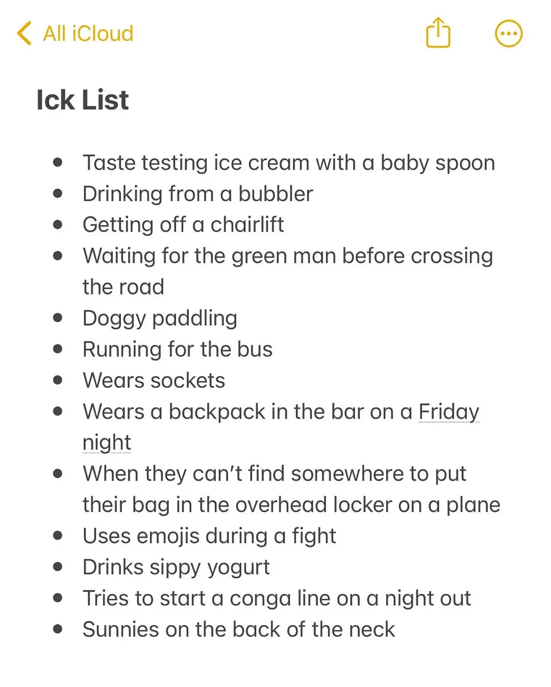 She shared the list of 'icks' on Instagram.