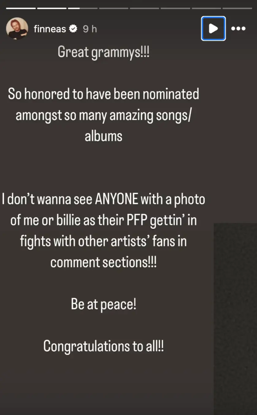 Billie Eilish's brother, Finneas, took to social media to share a message to fans following the Grammys on Sunday (Instagram/@finneas) 