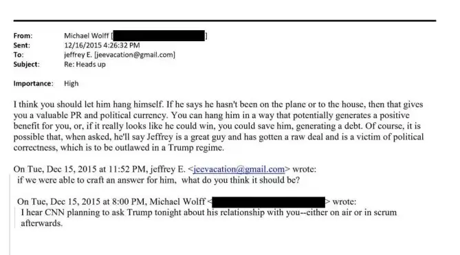 Correspondence between Jeffery Epstein and Michael Wolff in December 2015 (US House Oversight Committee)
