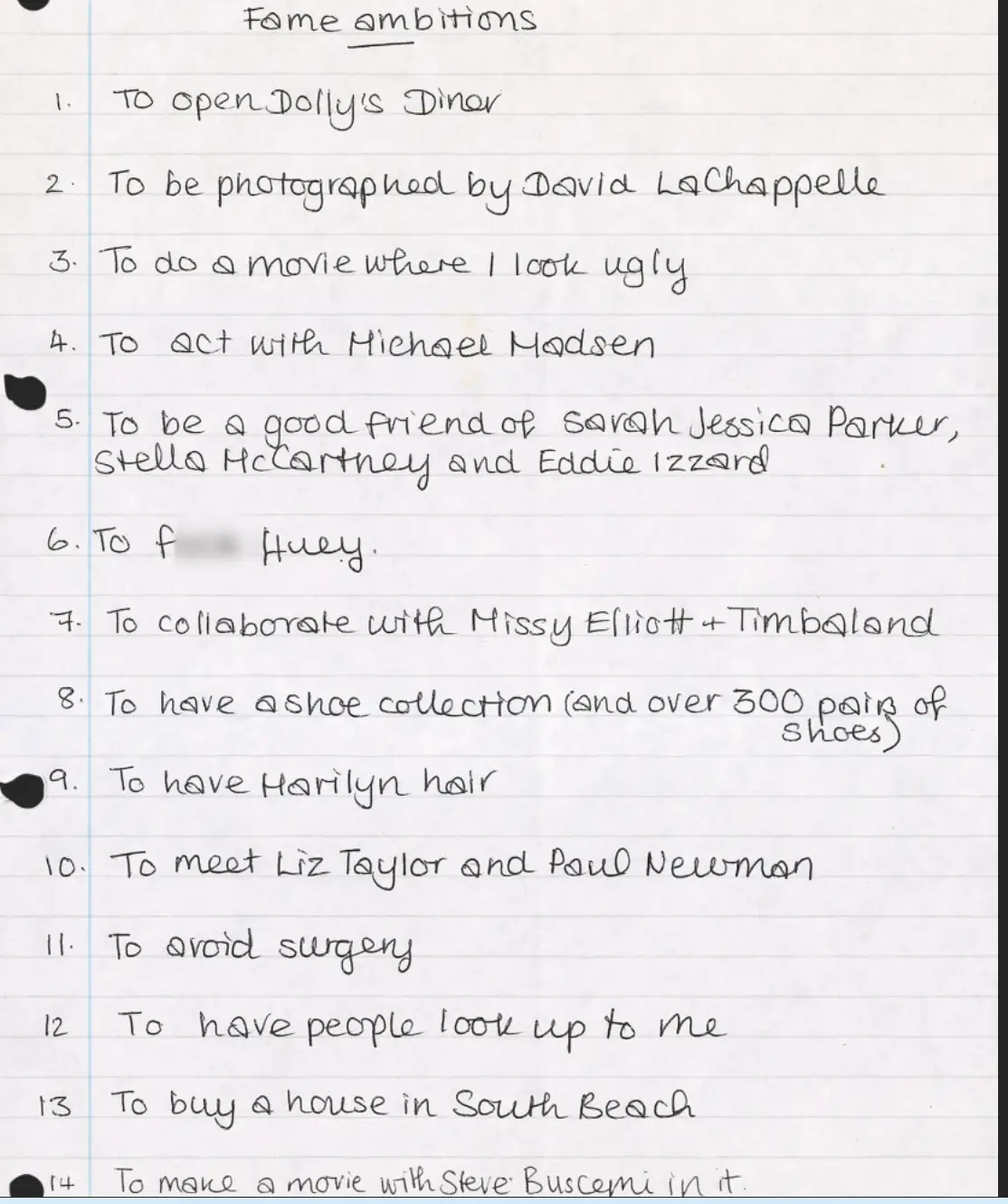 Amy Winehouse's 'Fame Ambitions' list