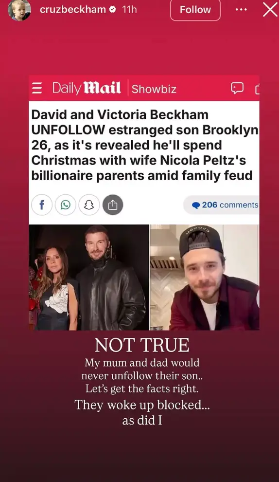 Cruz has now accused his brother of blocking the entire family (Instagram/cruzbeckham)