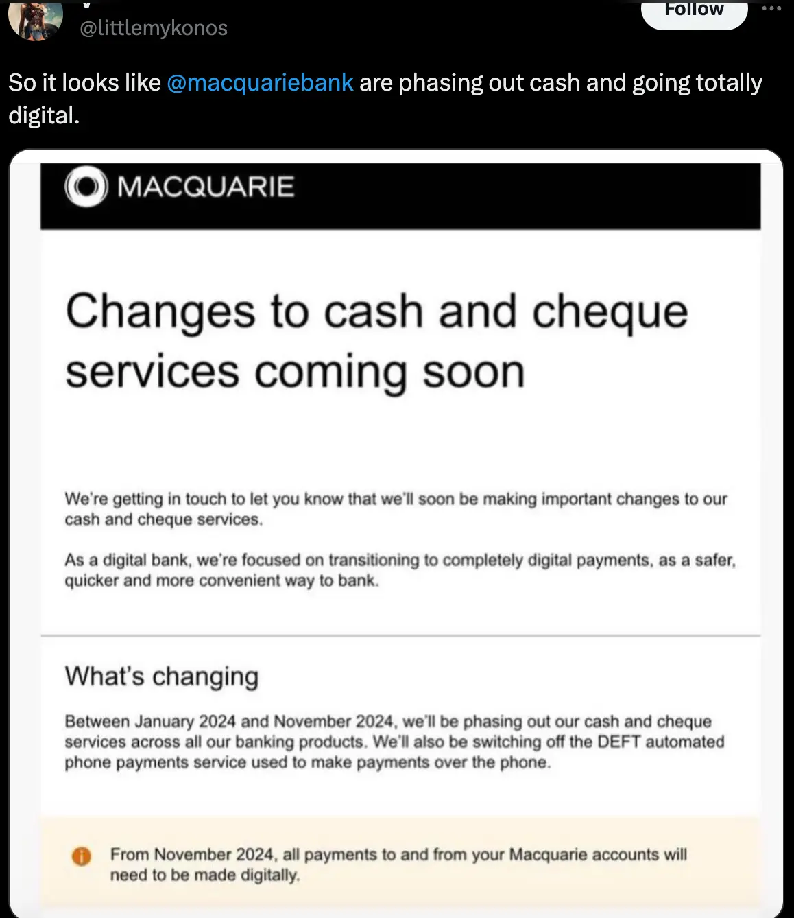 The changes will take place from January to November 2024.