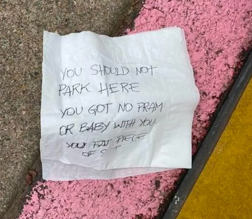 The mum was left an abusive note after a stranger assumed she didn't have children.