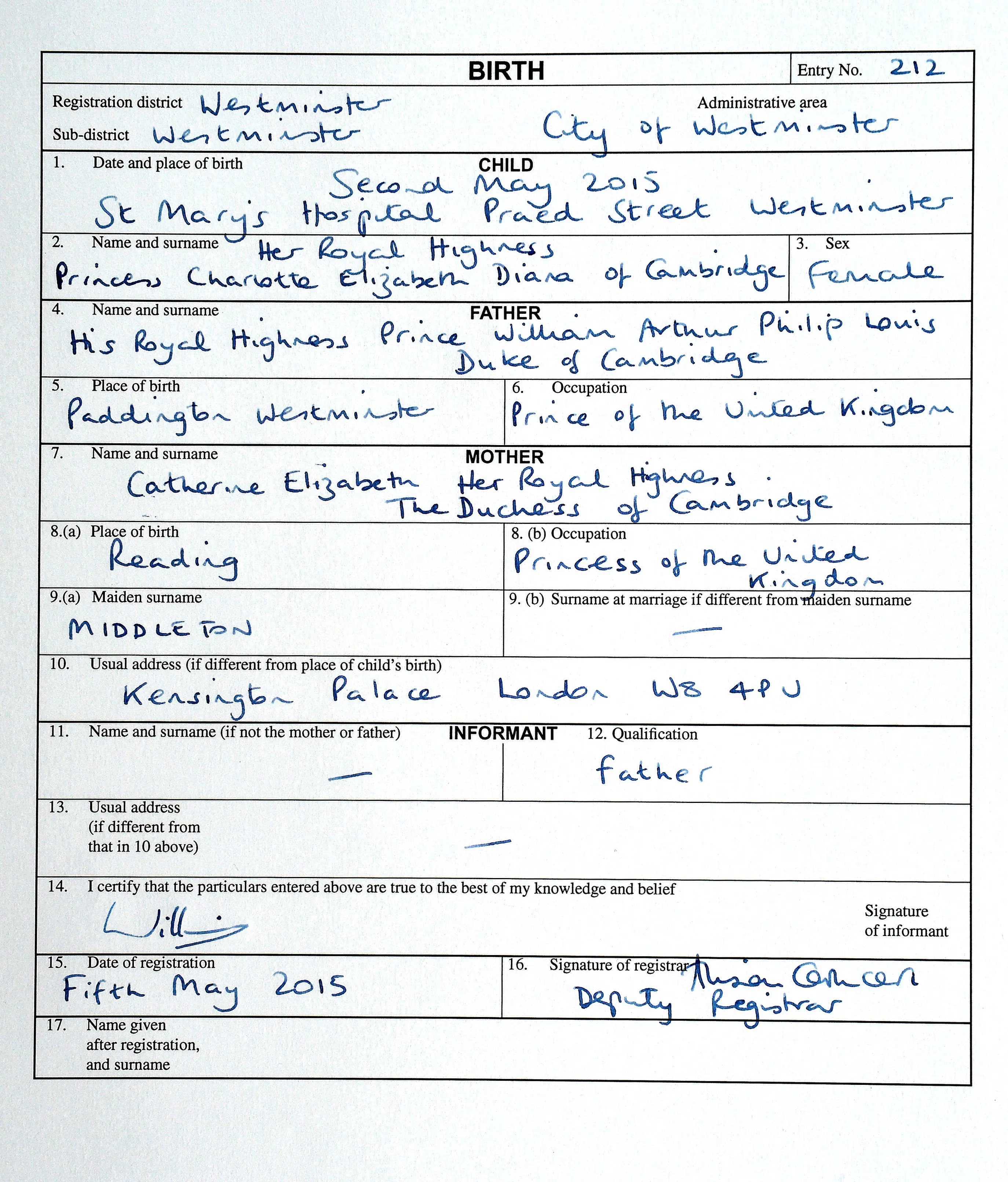 Princess Charlotte's 2015 birth certificate (John Stillwell - WPA Pool/Getty Images)
