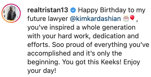 Tristan Thompson joked about Kim becoming his lawyer in the future (