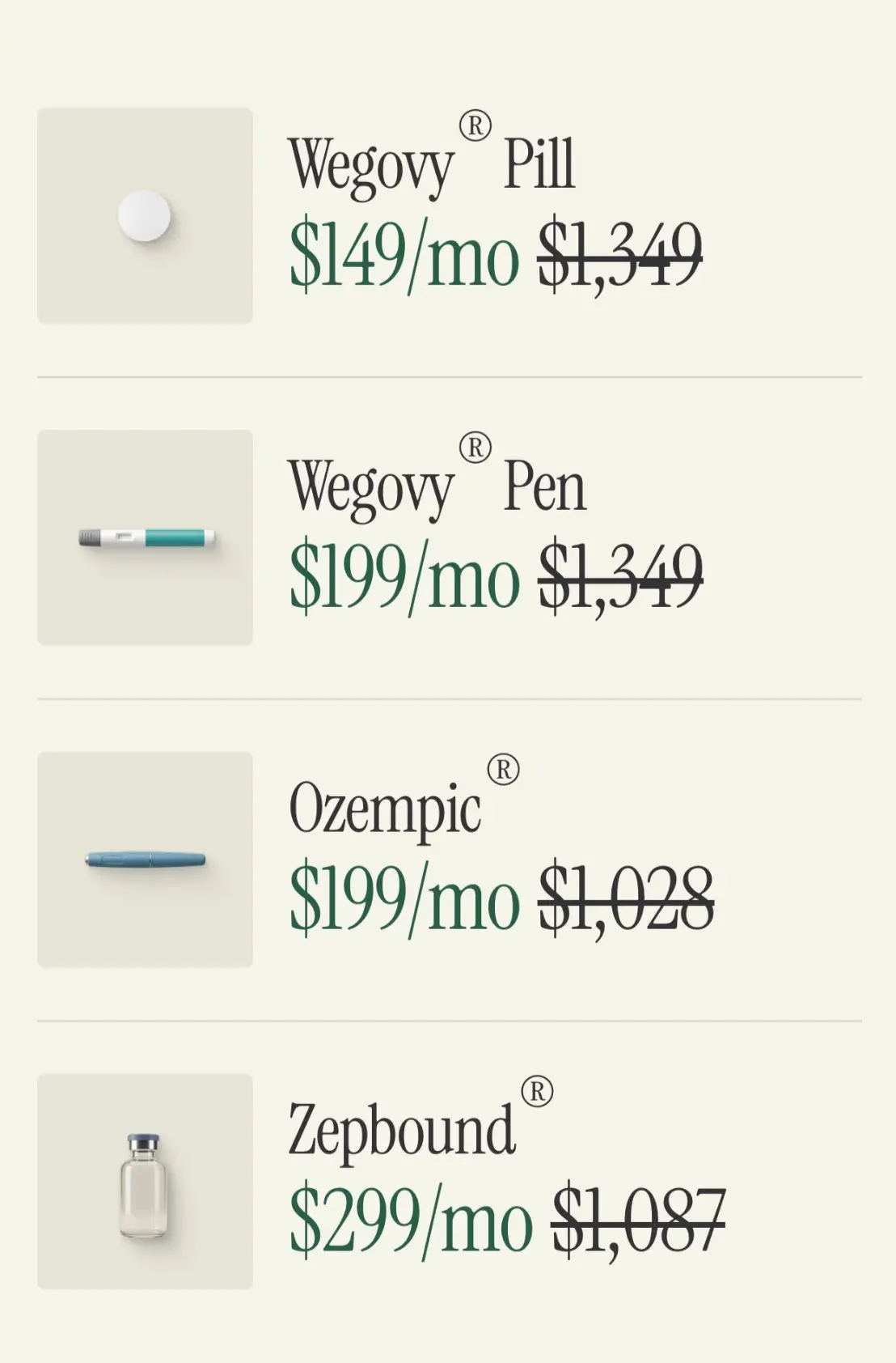 Listed on the website are a number of GLP-1 medications (Trumprx.gov)