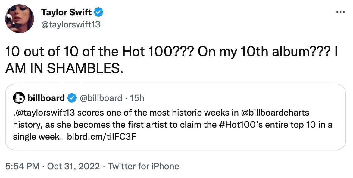 Taylor is the first artist to ever fill every top 10 spot.