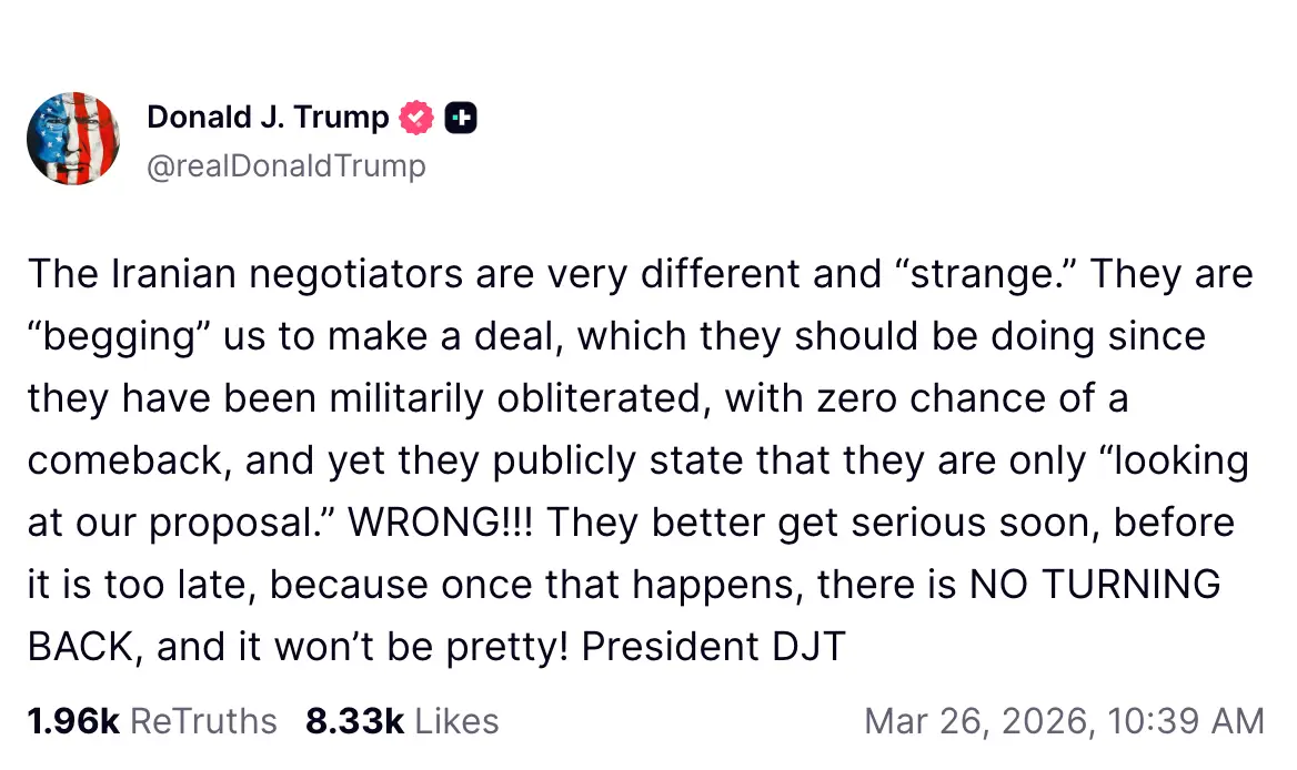He claimed Iranian negotiators are 'begging' to make a deal (Truth Social/@realDonaldTrump)