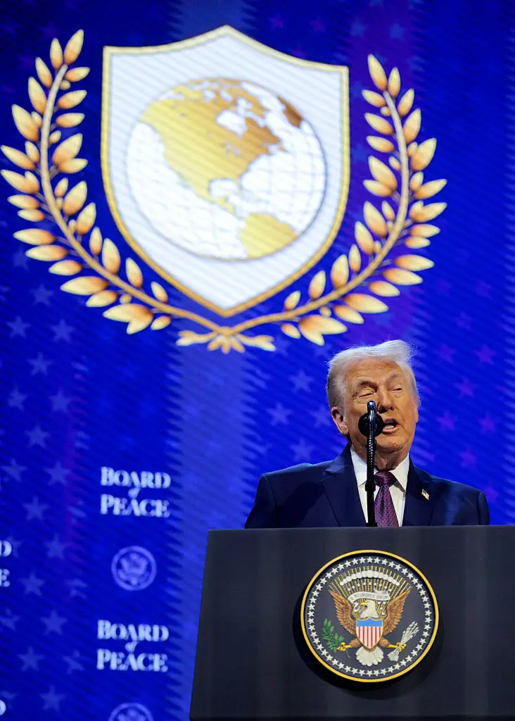 Critics have pointed out that one detail from the Board of Peace logo looks familiar to the United Nations logo (Chip Somodevilla / Staff / Getty Images)