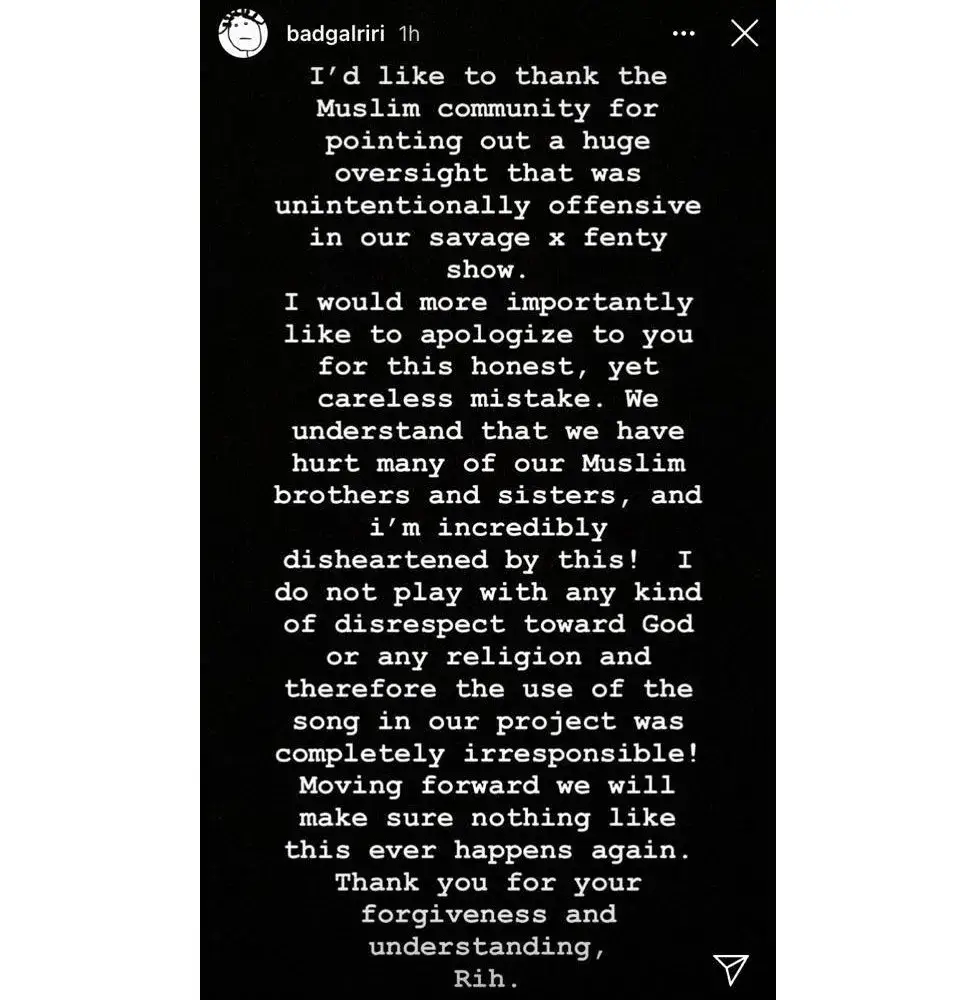 She previously received backlash from fans after she used a controversial song at her Savage X Fenty lingerie show. (Instagram/@badgalriri)