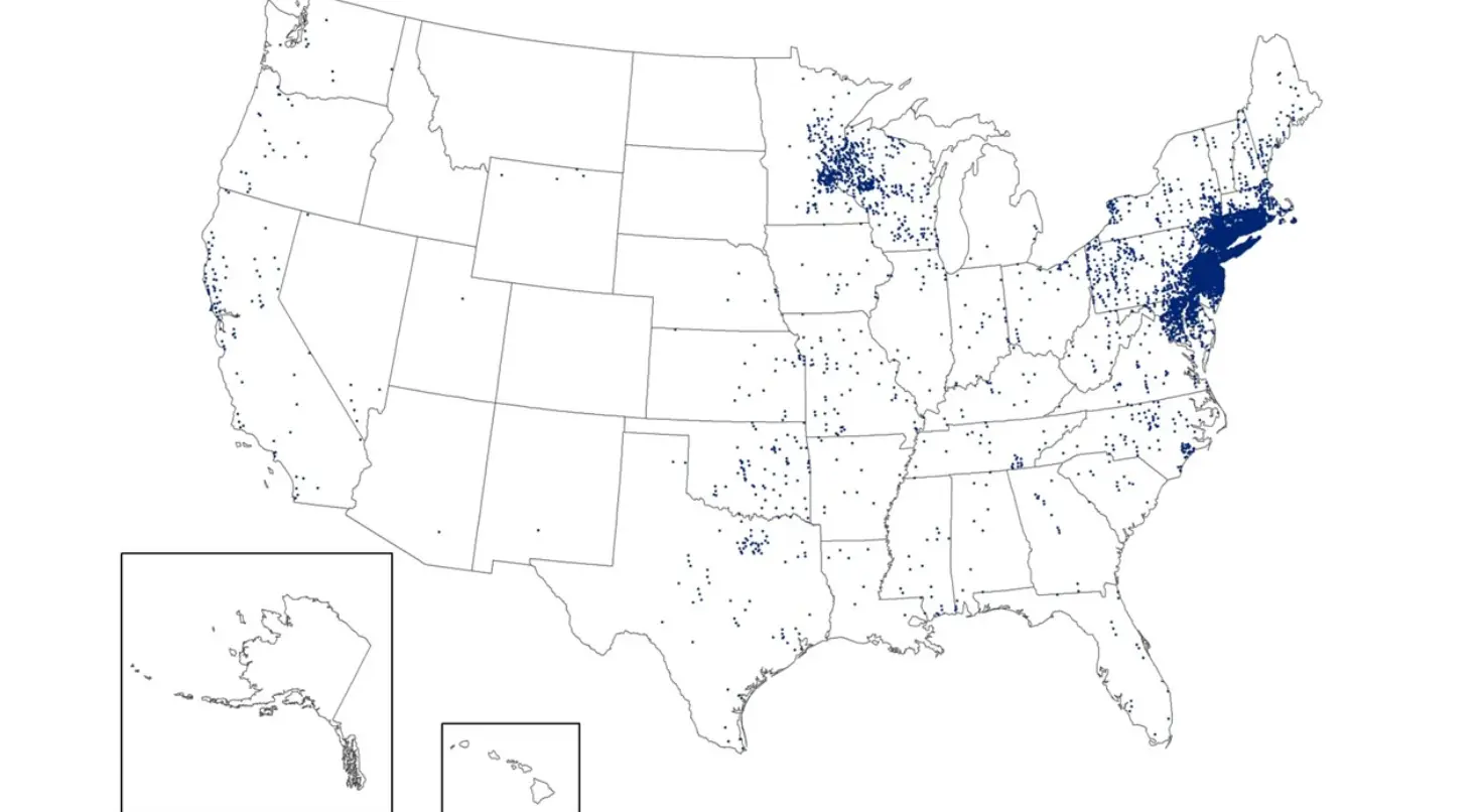Map showing reported cases of Lyme disease in the US in 1995 (CDC)