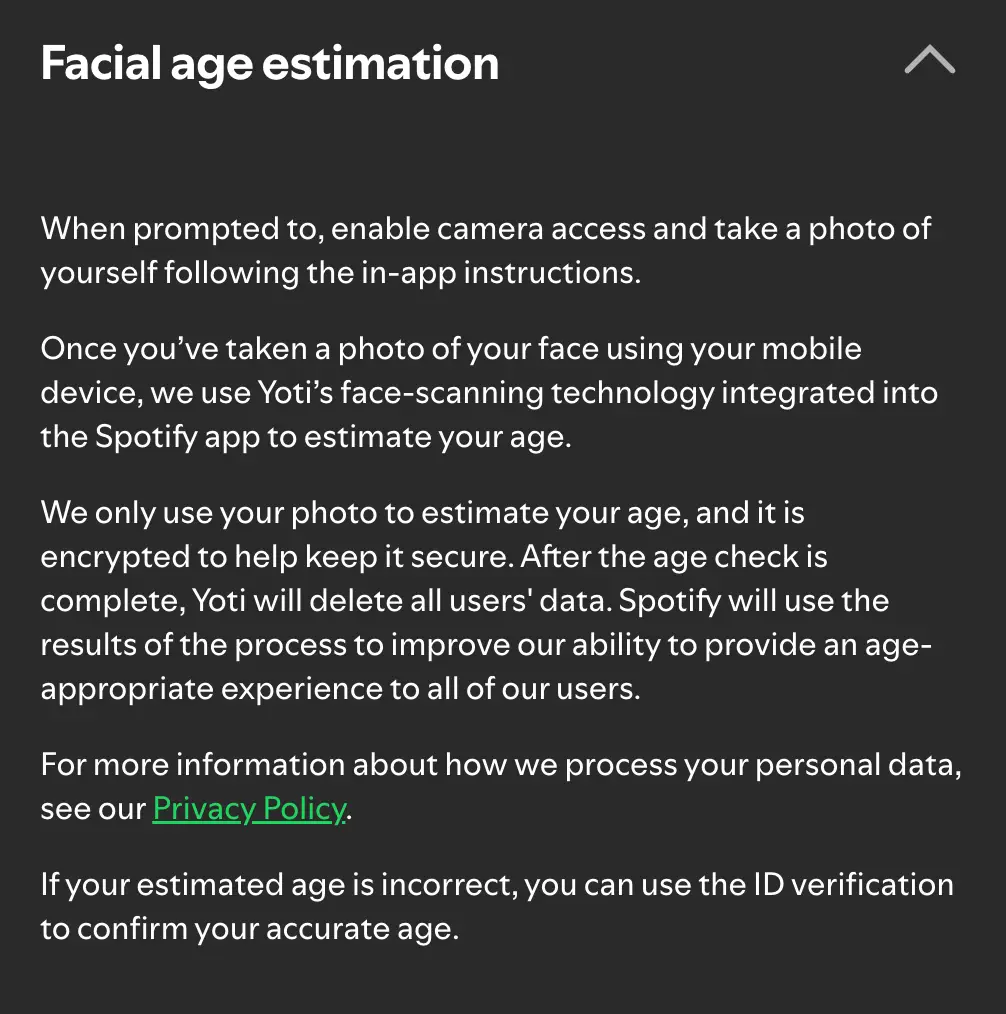 The app issued an explanation of how to use facial recognition verification (Spotify)