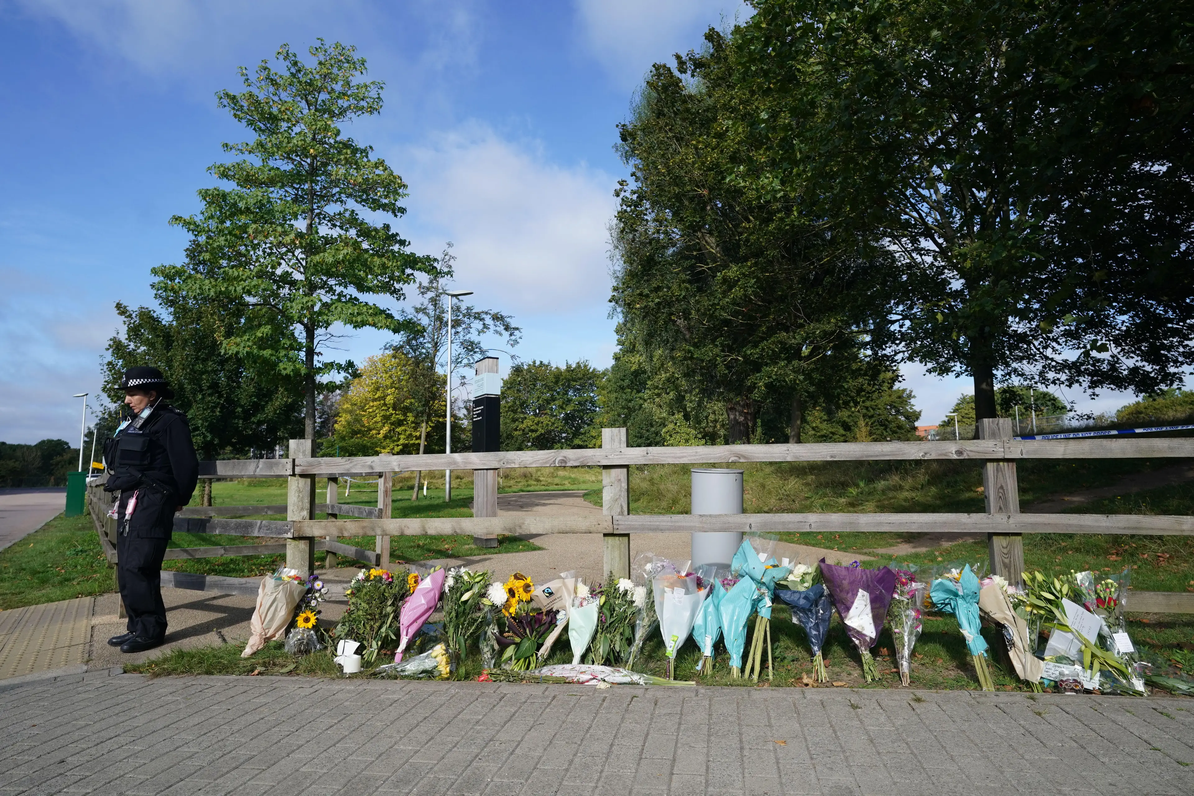 Floral tributes at Cator Park in Kidbrooke, south-east London where Sabina Nessa was found dead earlier this year (
