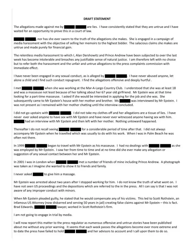 The draft statement allegedly sent by Ghislaine Maxwell discusses the photo (US Department of Justice)