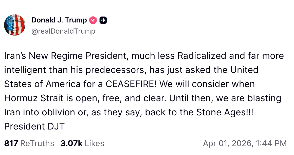 Trump detailed 'blasting Iran into oblivion' in his latest update (Truth Social/@realDonaldTrump)