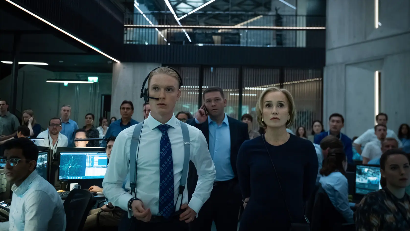 Freddie Fox, Chris Reilly and Kristin Scott Thomas in “Slow Horses,” now streaming on Apple TV+ (