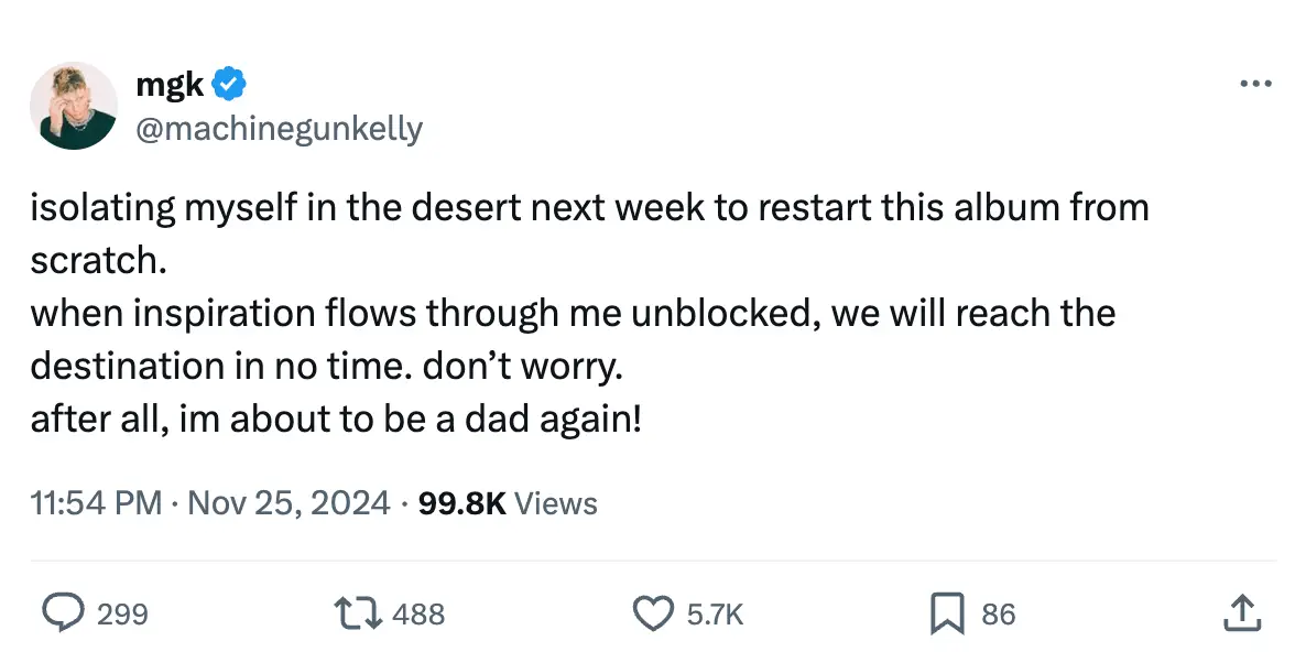 MGK shared a life update with his fans on X (Instagram/@machinegunkelly)