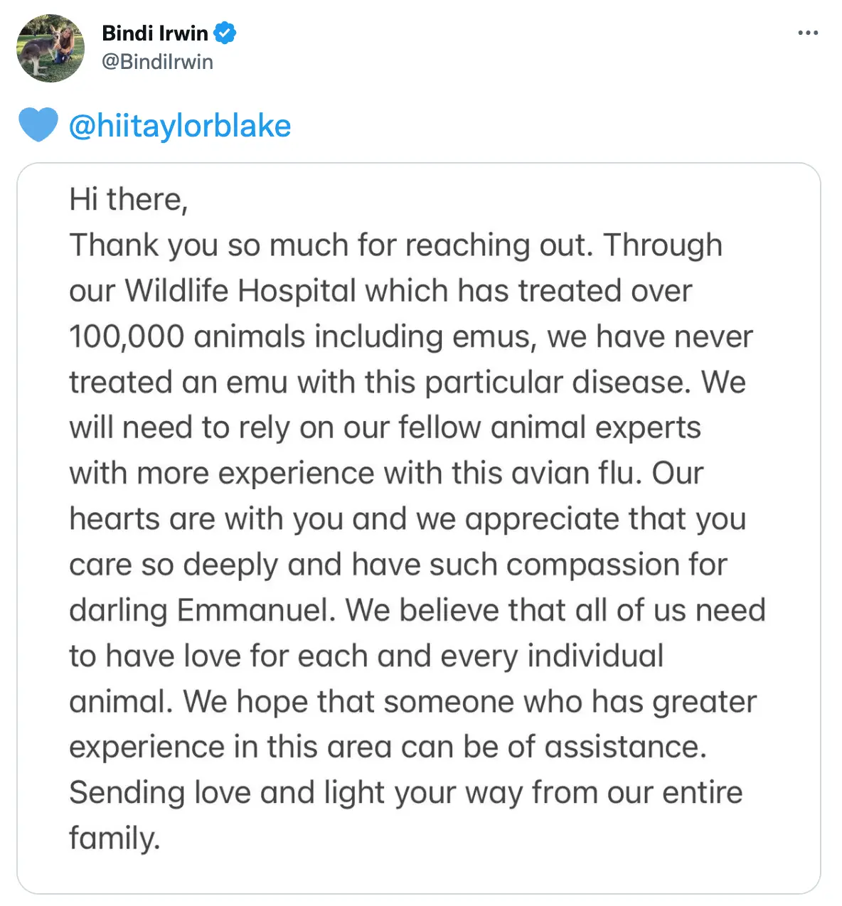 Bindi said that she was unable to help Emmanuel.