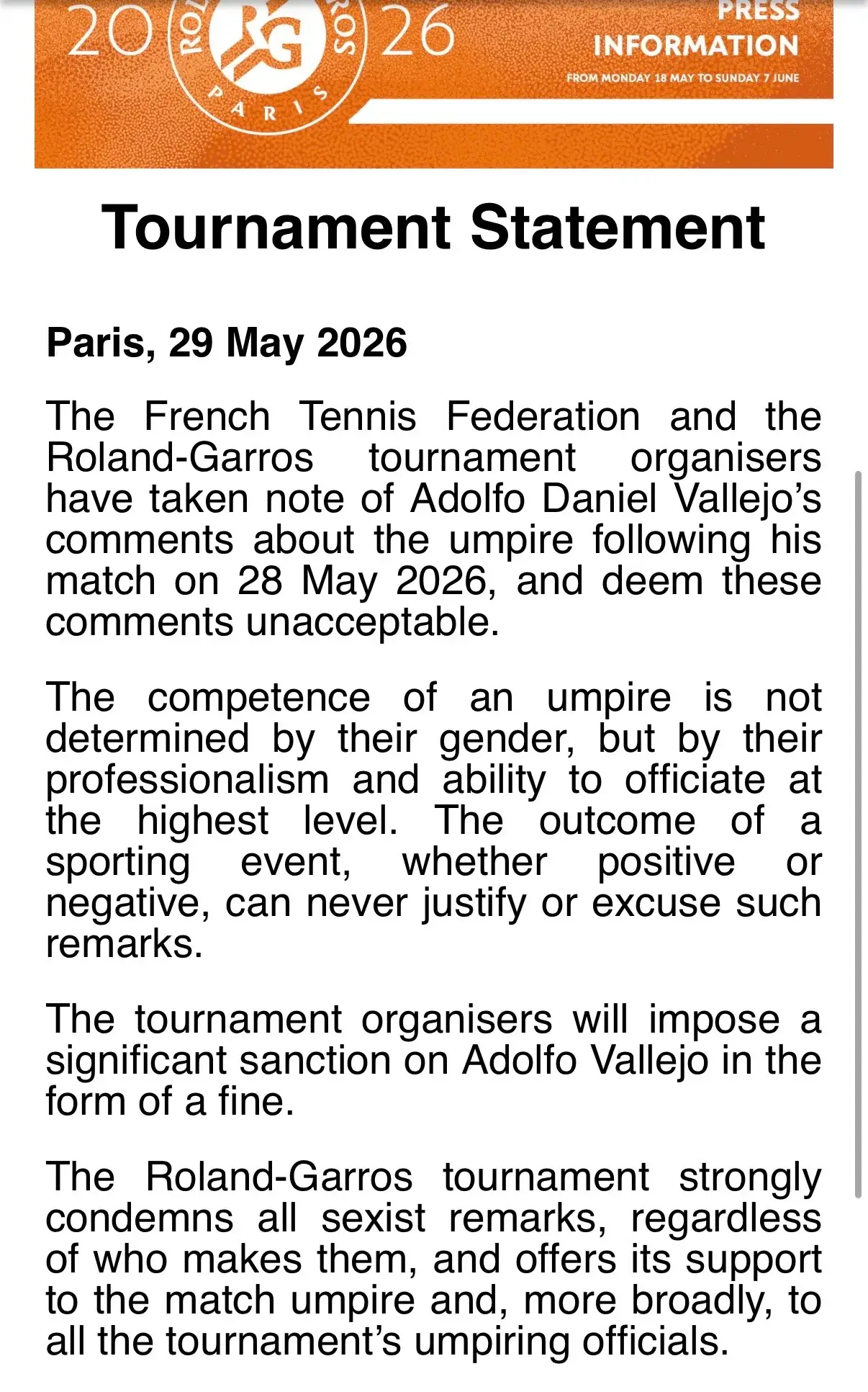 French Tennis Federation slammed Vallejo's 'unacceptable' comments (French Tennis Federation)