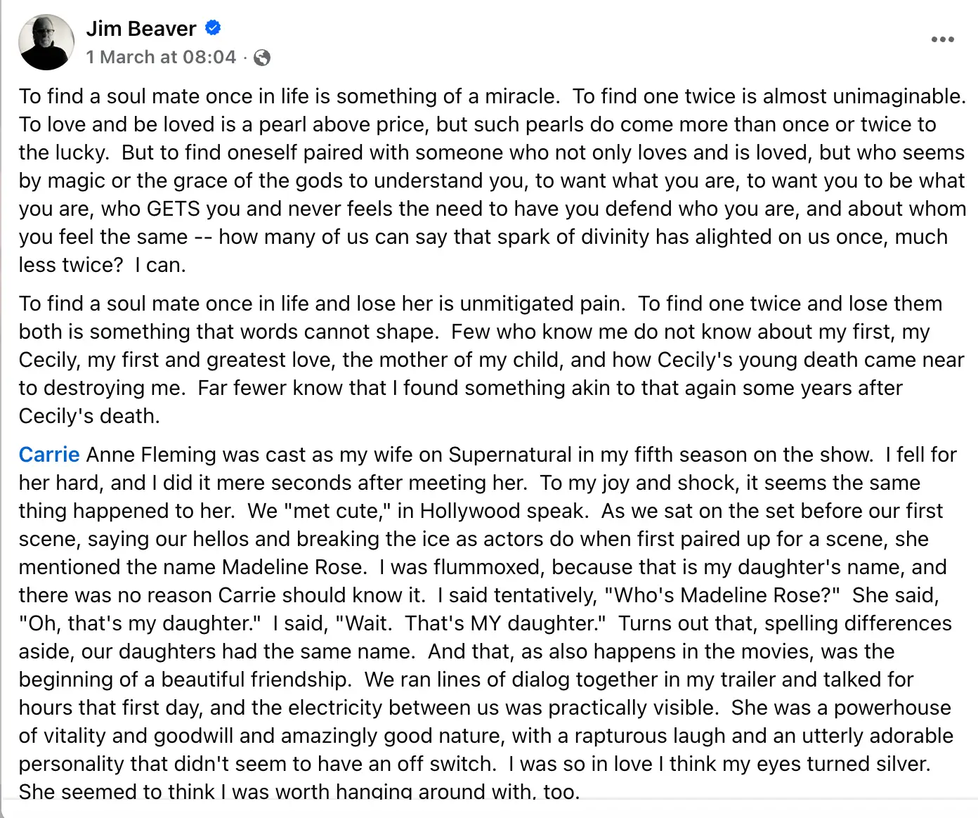 Beaver took to social media to share a heartfelt tribute to his 'soul mate' (Facebook/Jim Beaver)