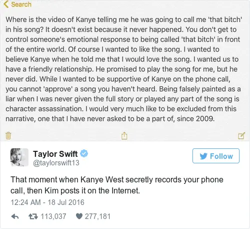 Taylor Swift addressed the phone call with Kanye in 2016.