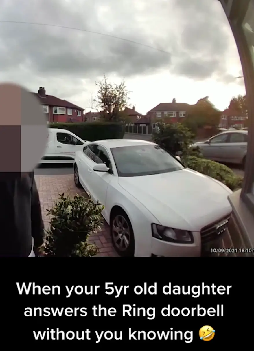 The little one could be heard answering the doorbell.