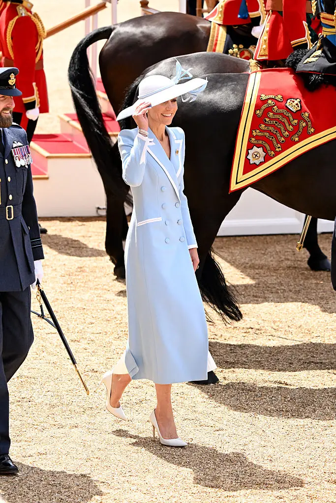 Kate looked regal at Trooping The Colour in a powder blue dress - a colour she's been wearing a lot recently (Jeff Spicer/Getty Images)