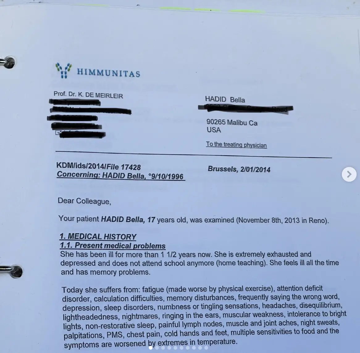 Hadid bravely shared photographs of past medical reports.