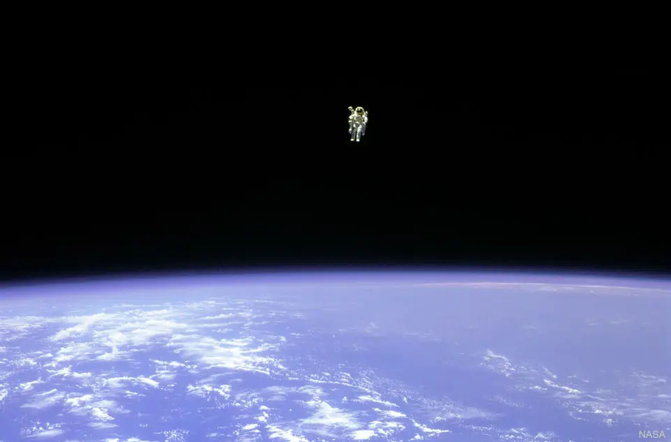 In 1984, astronaut Bruce McCandless ventured out into space completely untethered using only a nitrogen-propelled, hand-controlled backpack (NASA, STS-41B)