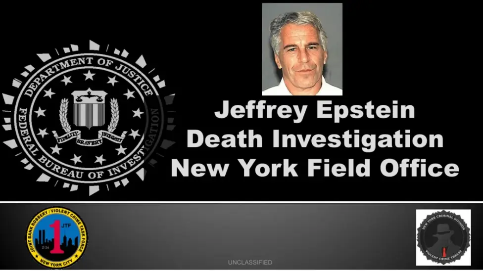 Twenty images appear in an unclassified 23-page FBI report titled 'Jeffrey Epstein death investigation' (US Department of Justice)