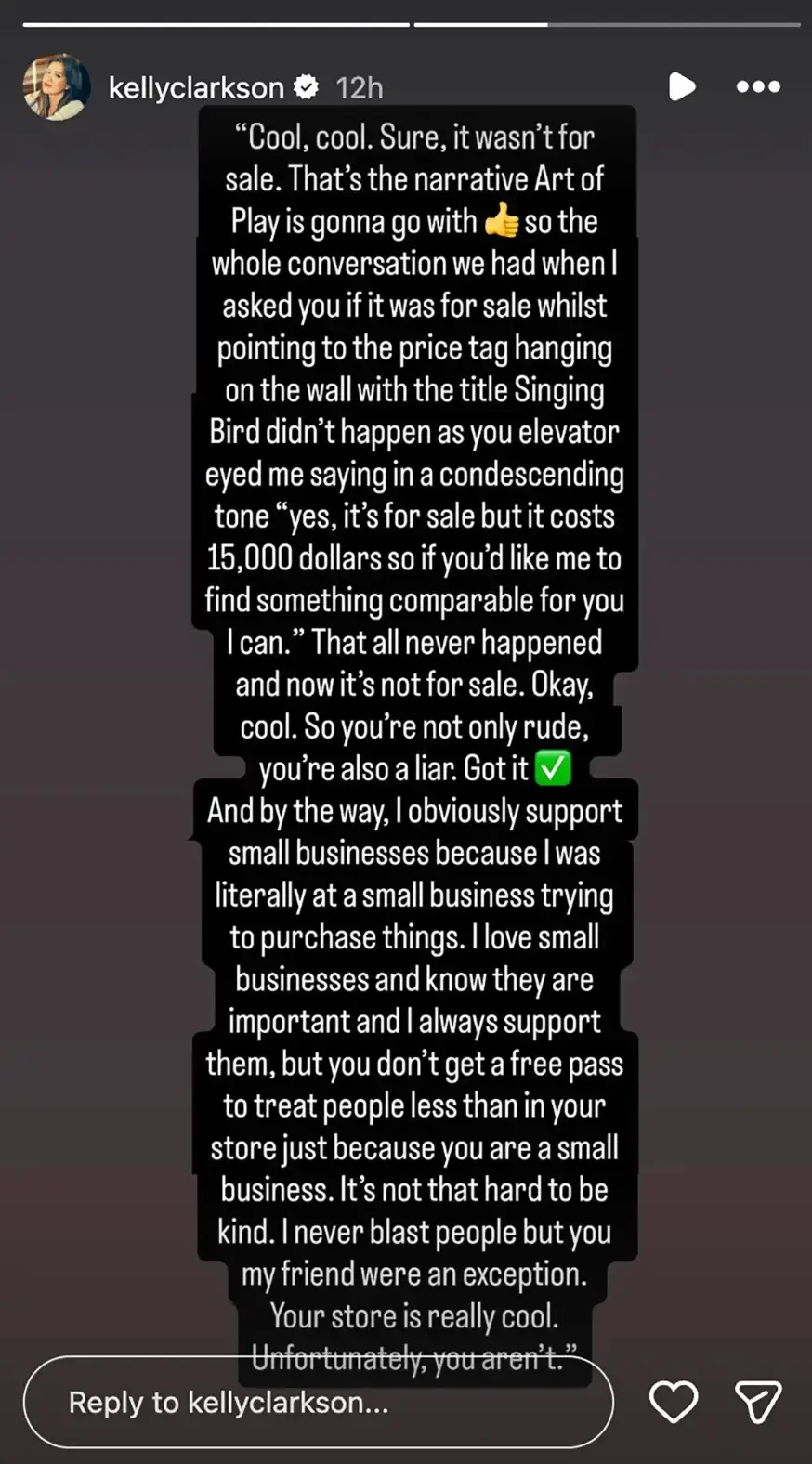 Clarkson doubled down on her initial statement (Instagram/@kellyclarkson)
