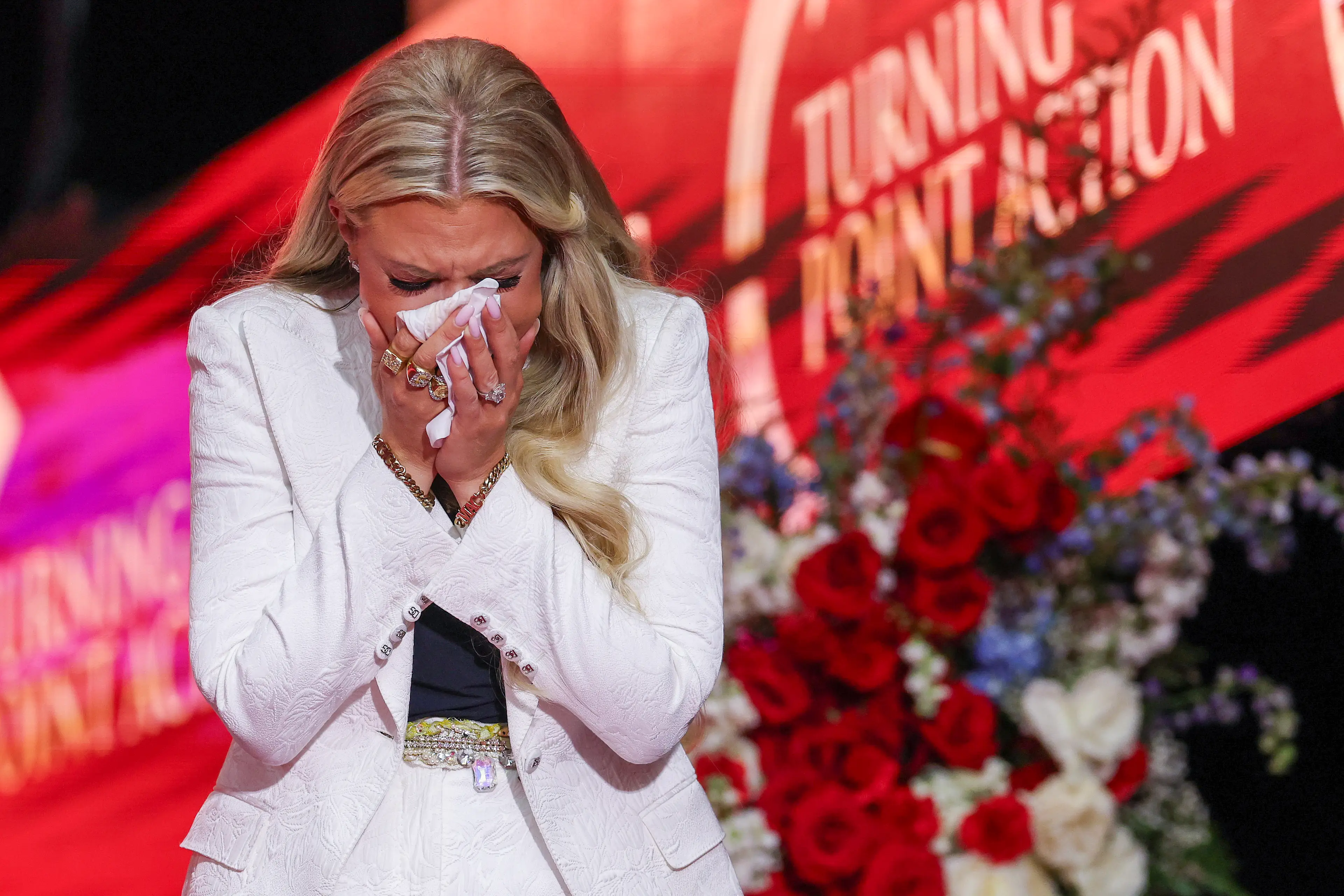 Erika Kirk attended her late husband Charlie's memorial service in Glendale, Arizona, on Sunday (21 September) (Win McNamee/Getty Images)