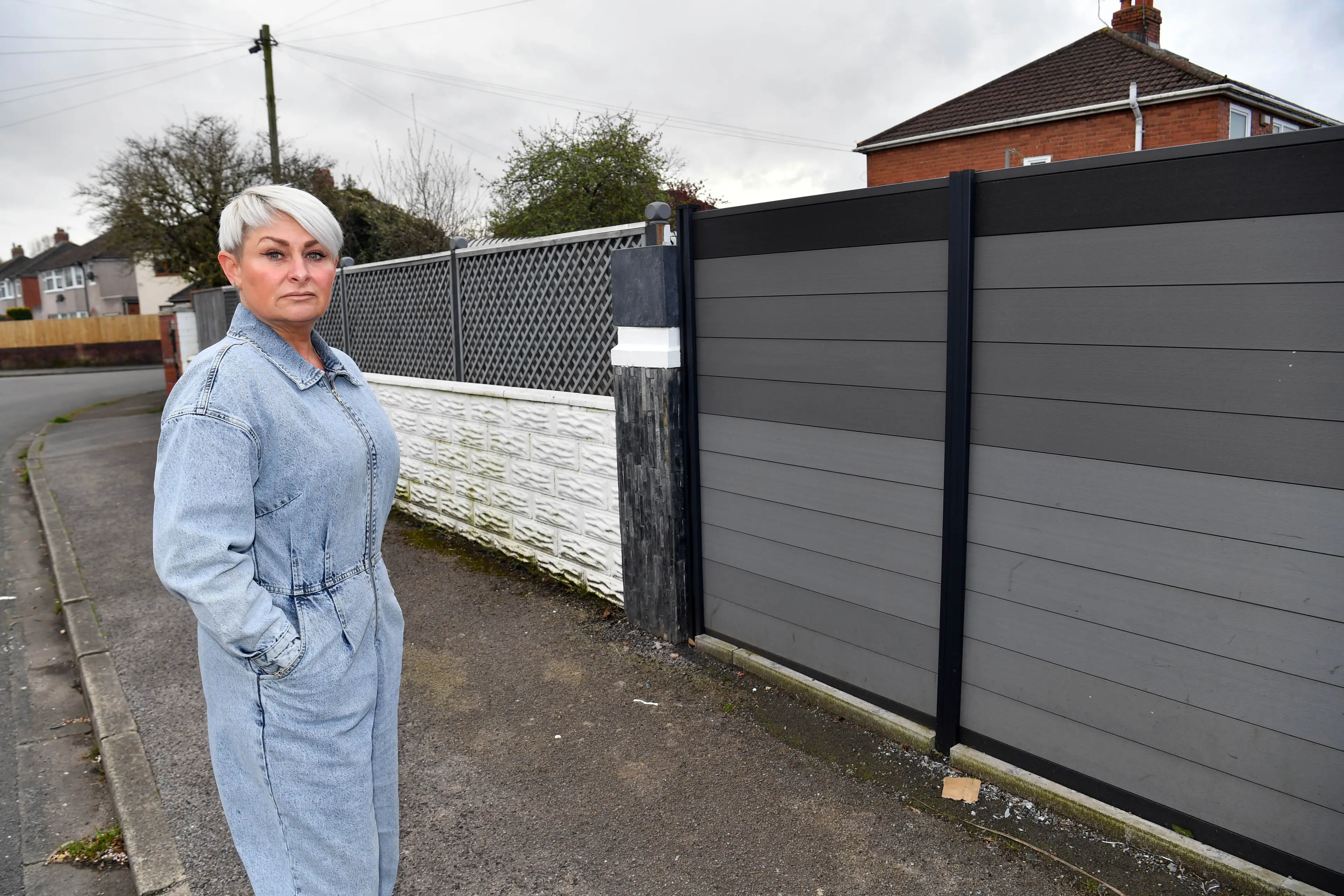 Lianne and her fence, the newer half of it on the right needs to come down but the older left half can stay as it's more than four years old.