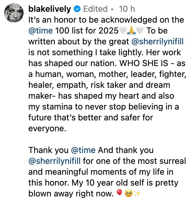 Lively spoke out about the 'honor' of being named (Instagram)
