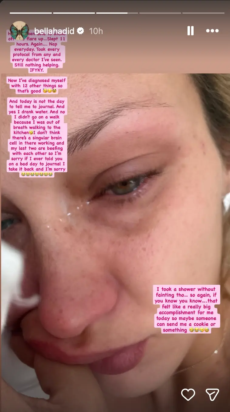Bella also shared a teary selfie amid the series of posts (Instagram/@bellahadid)