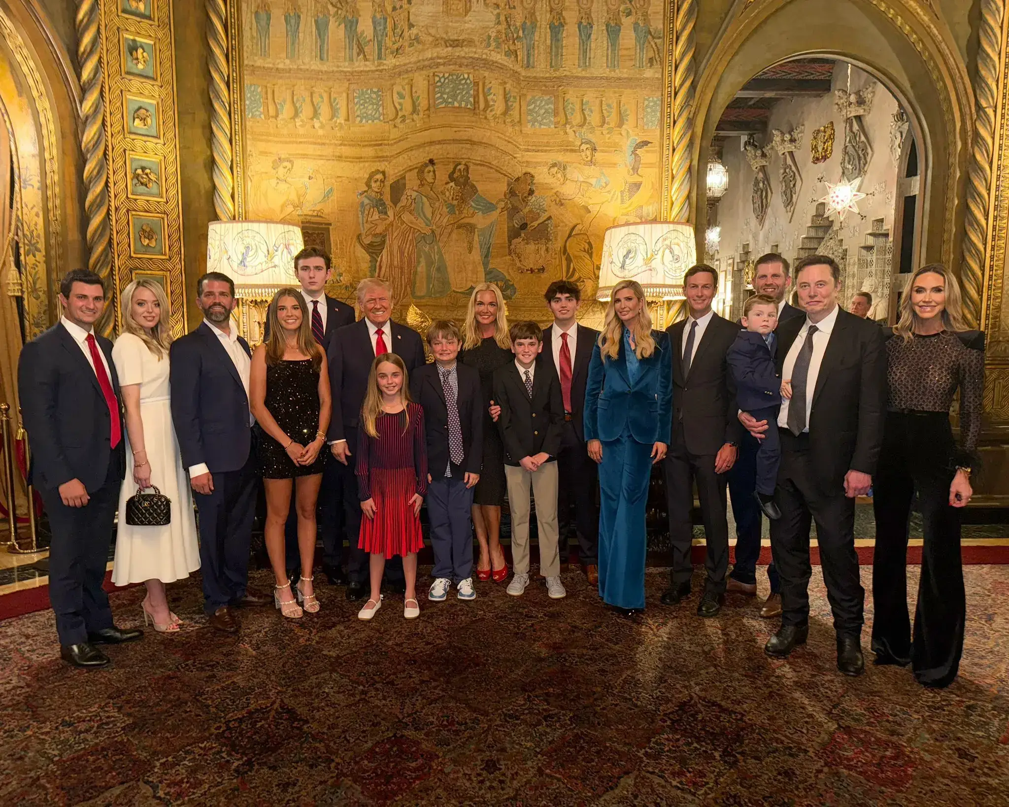 Melania Trump and Kimberly Guilfoyle were missing from the family snap. (X/@KaiTrumpGolfs)