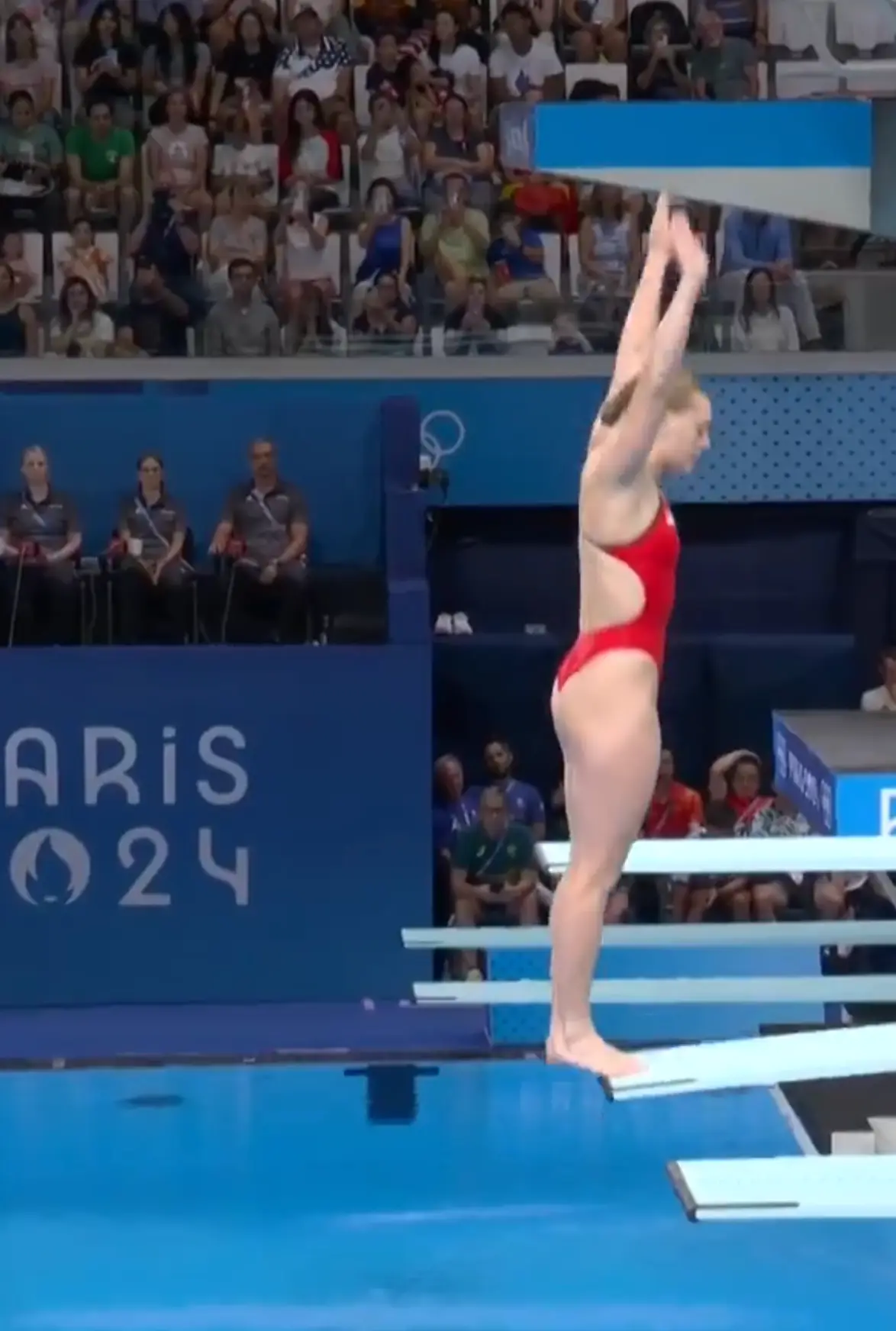 Team USA diver, Alison Gibson, unfortunately received a 0.0 during the preliminary round of the Olympic women's 3m springboard. (X/@eurosport)