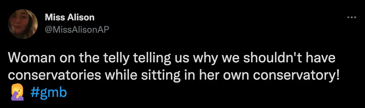 Some viewers thought it was double standards for Angela to slam future conservatories...whilst sitting in her own conservatory. (