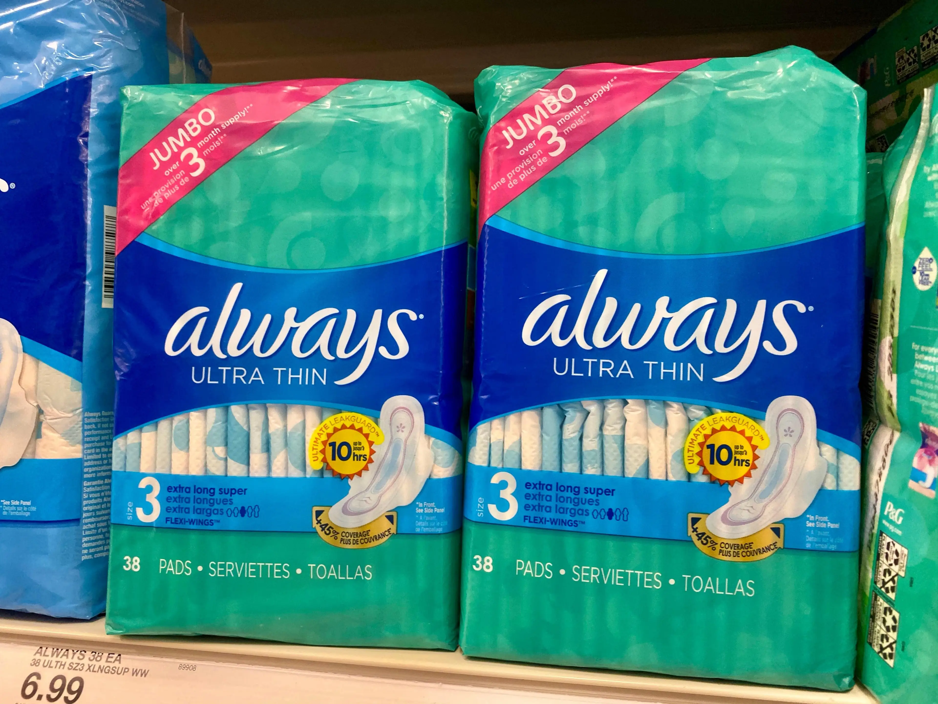 A close-up of menstrual pads.