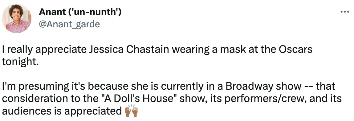 Chastain's mask was appreciated by many fans on social media.
