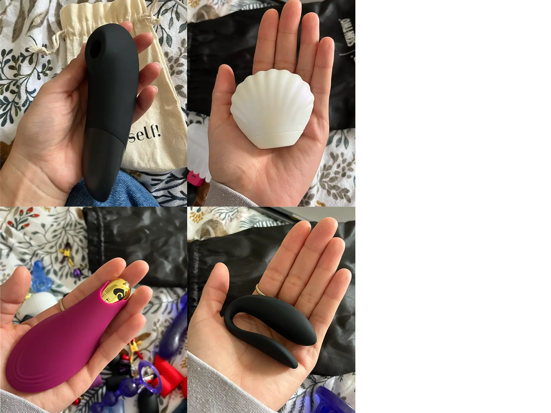 From top to bottom,clockwise: the Womanizer, the Venus Glow, the We-Vibe Sync Lite, and open-ended stroker with gold bullet (Tyla)