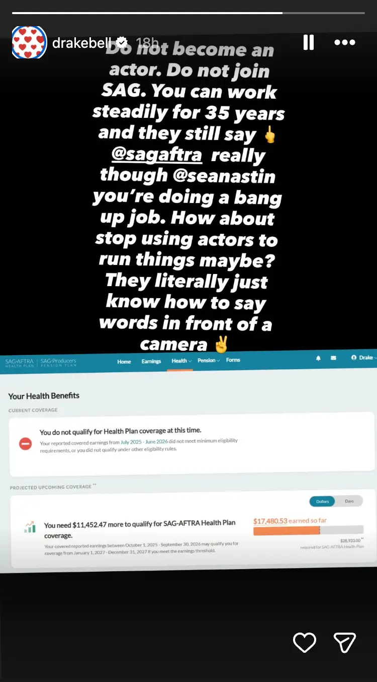 Bell directly called out SAG-AFTRA president, Sean Astin, in his scathing social media post (Instagram/@drakebell)