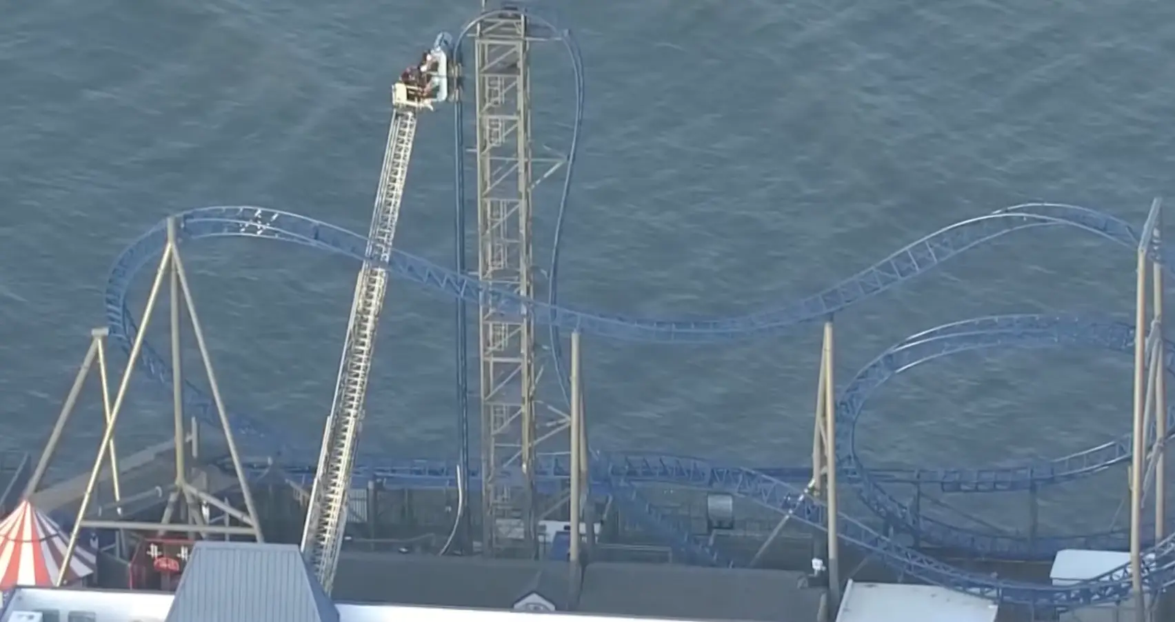 Eight students were rescued after being stuck on the Iron Shark roller coaster at Galveston’s Pleasure Pier in Texas for over three hours (YouTube/KHOU11)