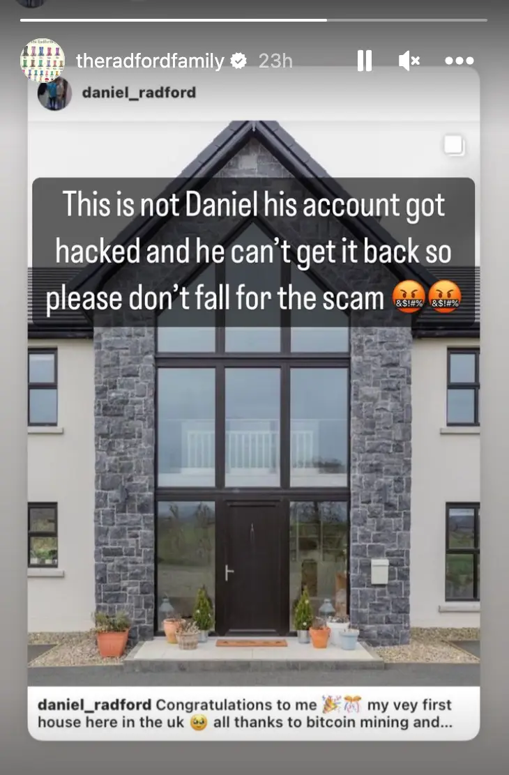 Sue Radford warned her followers after the posts on Daniel's account.