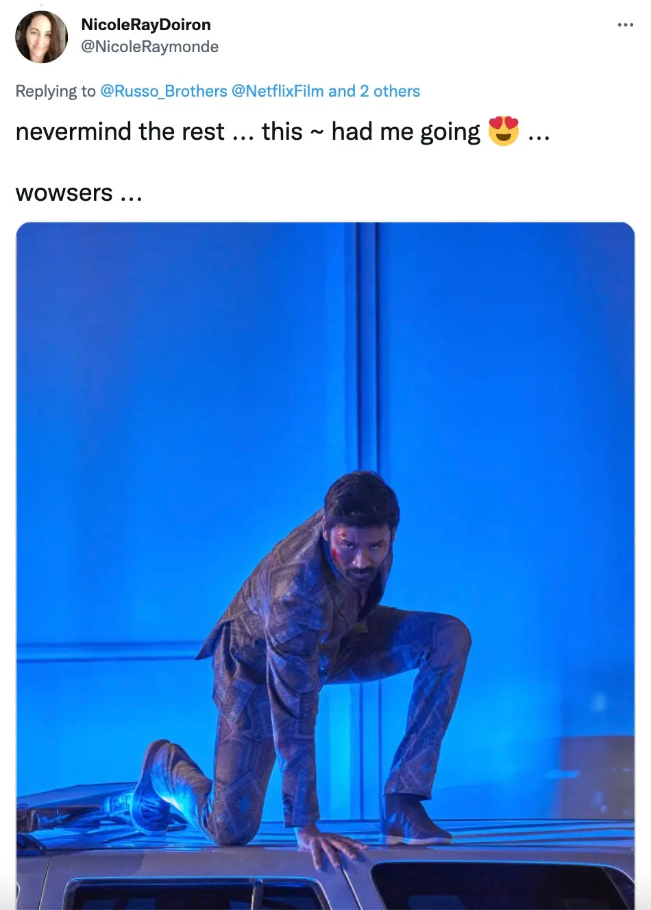 Meanwhile, another woman posted a thirst-trap of Indian actor Dhanush in the film (Twitter/Netflix).