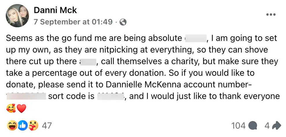 Danielle hit out over GoFundMe online in her latest statements (Facebook)