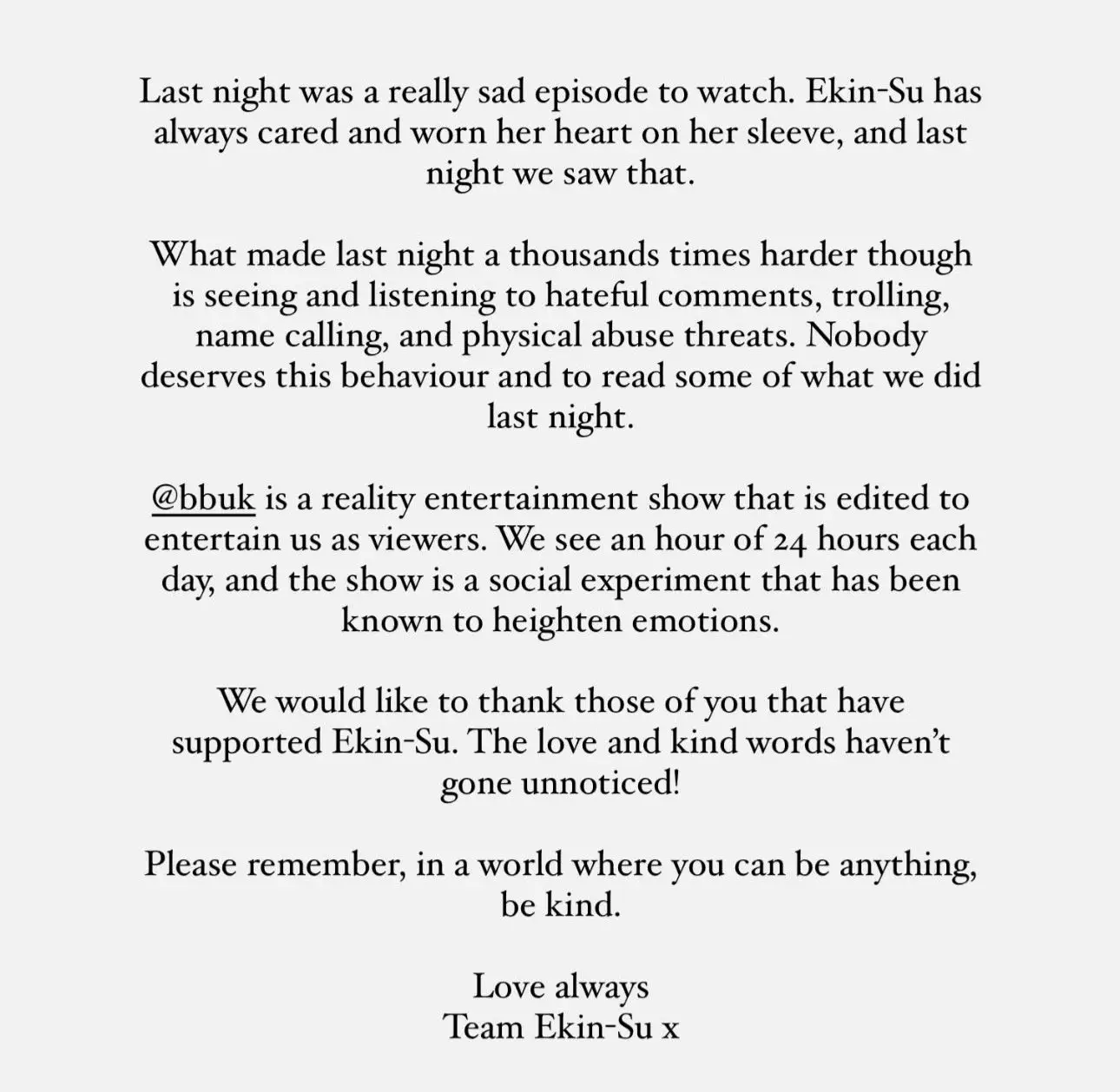 Ekin-Su's family shared a statement following last night's episode.