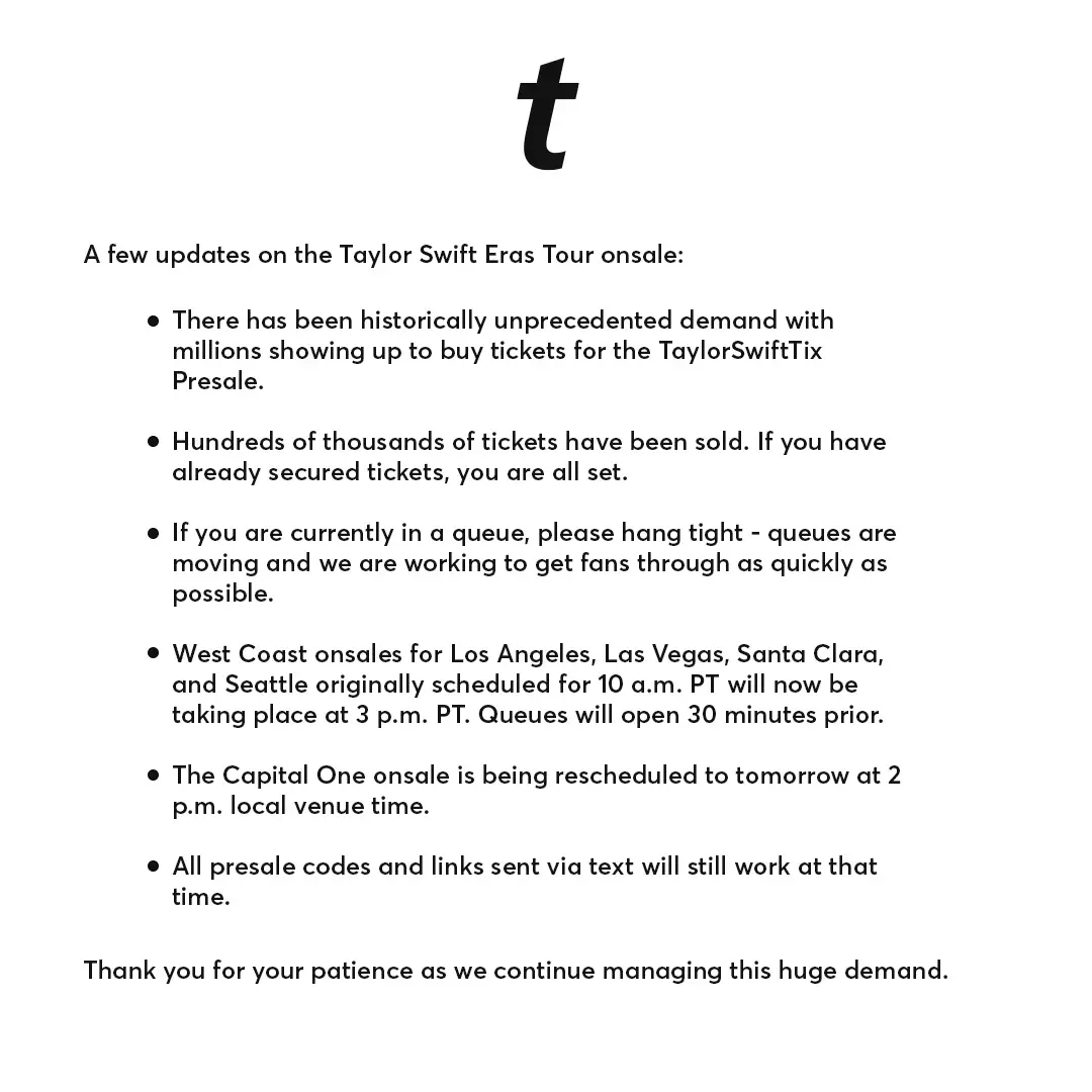 Ticketmaster updated fans on the 'huge demand' for presale tickets.