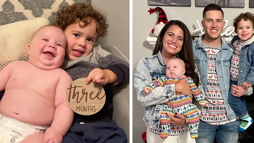 Giant baby is so big he can fit into his four-year-old brother's clothes